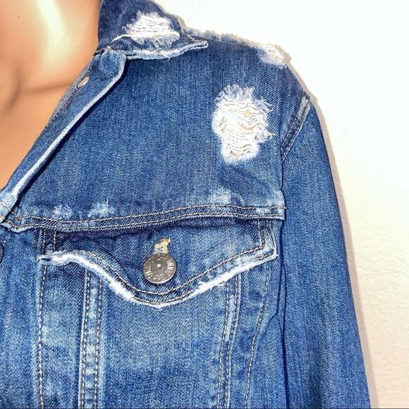Zara Trafaluc Denim jean Jacket Distressed factory Shredded and destroyed SZ SM - Picture 6 of 9